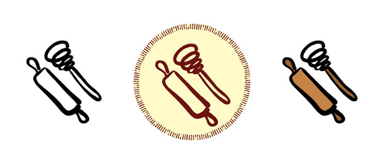 This is a set of icons with different styles of rolling pin and whisk. Contour, color and retro symbols of rolling pin and whisk. Freehand drawing, doodles. Stylish solution for website and label.