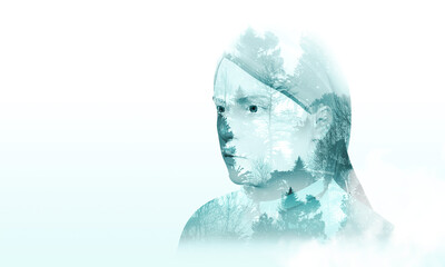 Portrait Fashion Art Double Exposure Long Hair Men Close Up Copy Space Blank background Side view 3d illustration