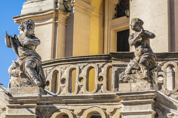 Obraz premium Architectural fragments of Lviv Greek Catholic Archbishop's Cathedral of Saint George (Ukr: Sobor sviatoho Yura, 1760) - magnificent Rococo ensemble dating back to XVIII century. Lviv, Ukraine.