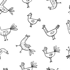 Cartoon doodle cute different cocks and hens pattern. Cute seamless pattern on white background. Hand drawn elementary illustration.