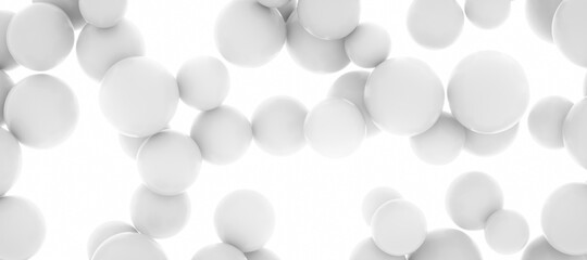 Abstract background of white balls floating in air, opposite to a bright surface. 3D render