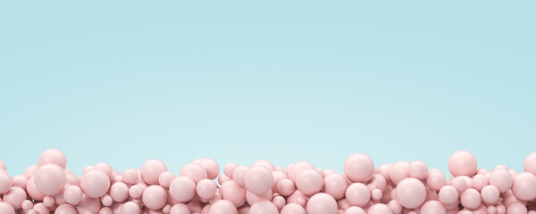 A lot of pink balloons at the bottom of the frame with a blue background in the back. 3D render