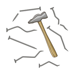 A small hammer with a wooden handle and nails drawn next to it. Stock vector illustration in cartoon style isolated on white background.