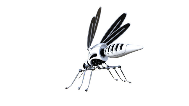 Technical mosquito robots, artificial intelligence created in different perspectives with 15 degrees each. High resolution image isolated on white background for your colagen clip art etc.