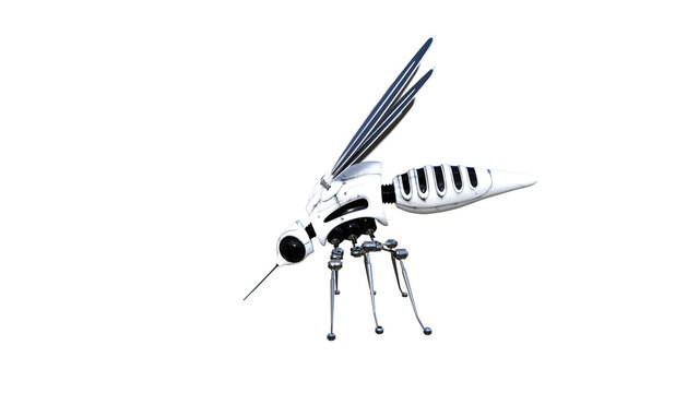 Technical mosquito robots, artificial intelligence created in different perspectives with 15 degrees each. High resolution image isolated on white background for your colagen clip art etc.