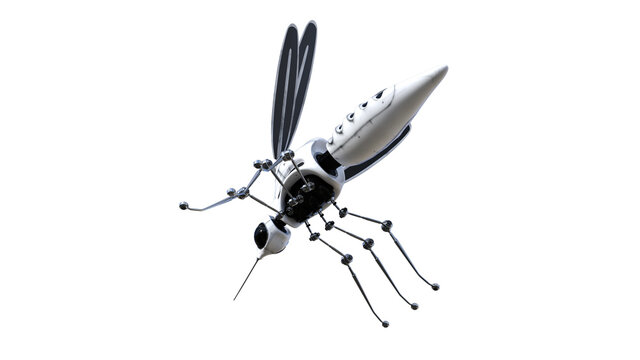 Technical mosquito robots, artificial intelligence created in different perspectives with 15 degrees each. High resolution image isolated on white background for your colagen clip art etc.