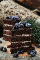 Homemade chocolate cake with blackberries on wooden rustic background.