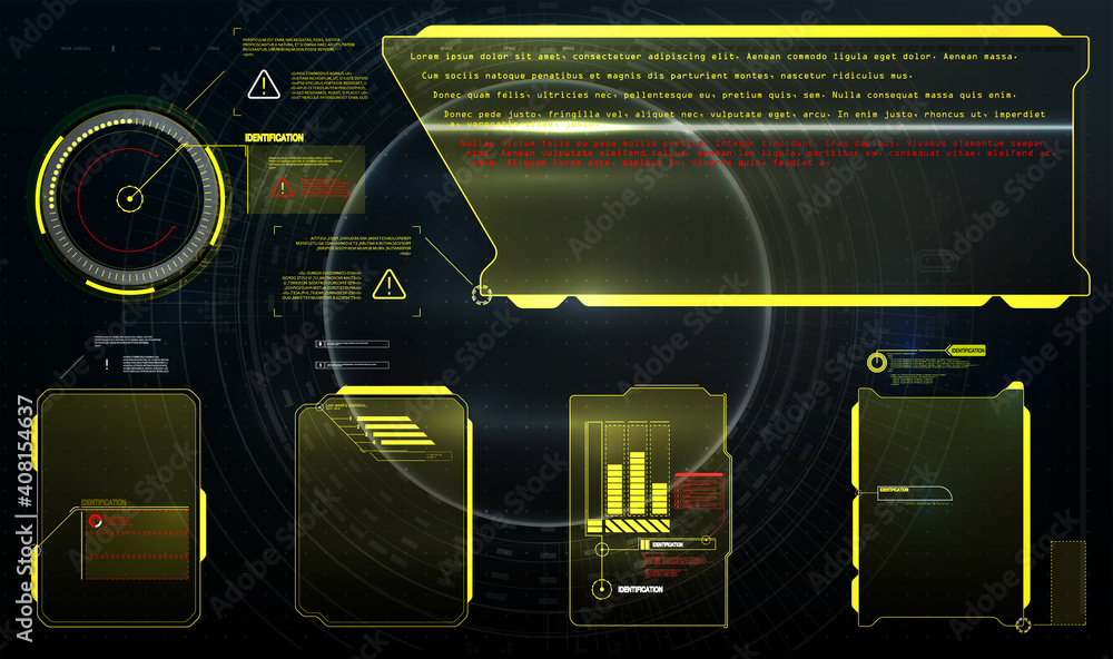 Poster HUD, UI, UX, GUI futuristic user frame interface screen elements set. High tech screen for video game. Sci-fi concept design. Square Frames Blocks HUD Interface Elements