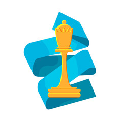 Vector cartoon isolated illustration metaphor with chess queen figure on background of folded ribbon. Concept strategy, tactics in business and any business. White background.