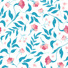 Seamless pattern with cute flat flowers and leaves. Hand drawn vector illustration on white background. Texture for print, fabric, textile, wallpaper.