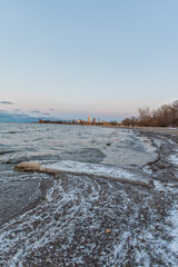 Cleveland skyline shot in winter from edgewater beach ohio