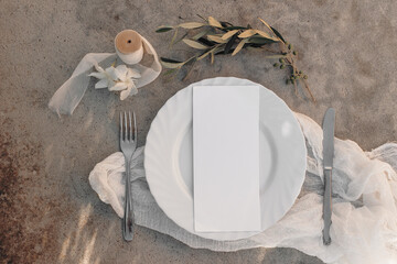 Festive summer summer setting with silver cutlery, olive branch and plate. Grunge concrete...
