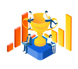 Business people working with laptops and sitting on top of golden trophy as symbol of success. Isometric 3D business environment with business people 
