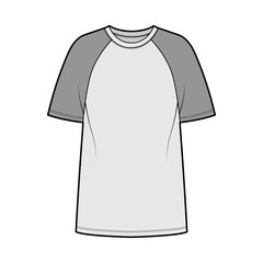 T-shirt baseball technical fashion illustration with raglan short sleeves, tunic length, crew neck, oversized. Flat apparel top outwear template front, grey color. Women men unisex CAD mockup