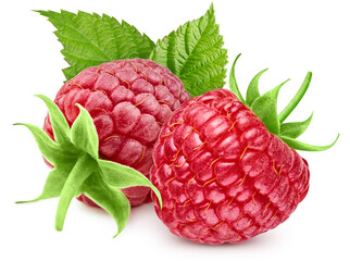 Raspberri berry with leaves isolated on white background