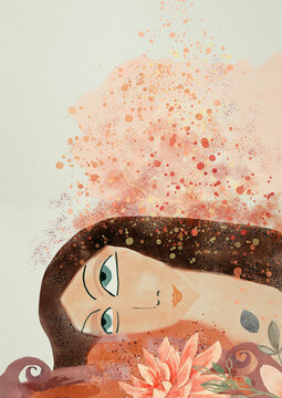 Abstract woman thinking and dreaming. Watercolor illustration