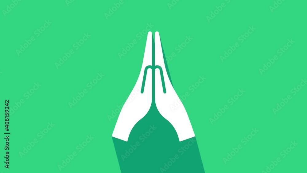 Wall mural White Hands in praying position icon isolated on green background. Prayer to god with faith and hope. 4K Video motion graphic animation