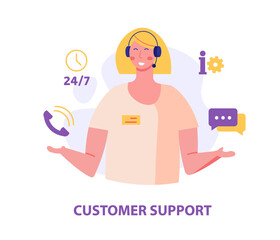 Consultant with headsets helps customers. Customer support. Concept of hotline worker, online assistant, telemarketer, customer attraction. Vector illustration in flat for UI, web banner, mobile app
