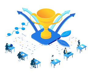 Isometric 3D business environment with business people working and communicating in server room. Dig data concept, Technology, success, internet, data protection and personal security 