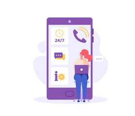 Consultant with headsets helps customers. Customer support. Concept of hotline worker, online assistant, telemarketer, customer attraction. Vector illustration in flat for UI, web banner, mobile app