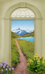 view through arched door, hiking trail swiss alps and alpine flowers