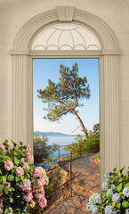 view through arched door, coastal path Croatia, hydrangea blossoms