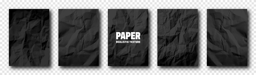 Realistic black crumpled paper texture. Rough grunge old blank. Torn edges. Vector illustration.