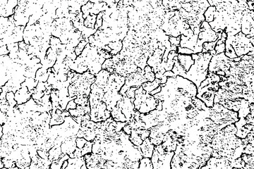 Grunge texture of a cracked wall. Monochrome background of the damaged surface with spots, noise and graininess. Overlay template. Vector illustration