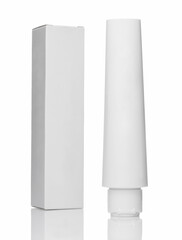 White blank tube for cosmetics with white carton packaging.