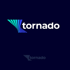 Tornado logo. Twisted shapes like vortex and white letters. Blue tornado emblems. Monochrome option. 