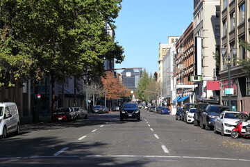 Fototapeta na wymiar The Streets of Portland: SW Third Ave in downtown Portland.