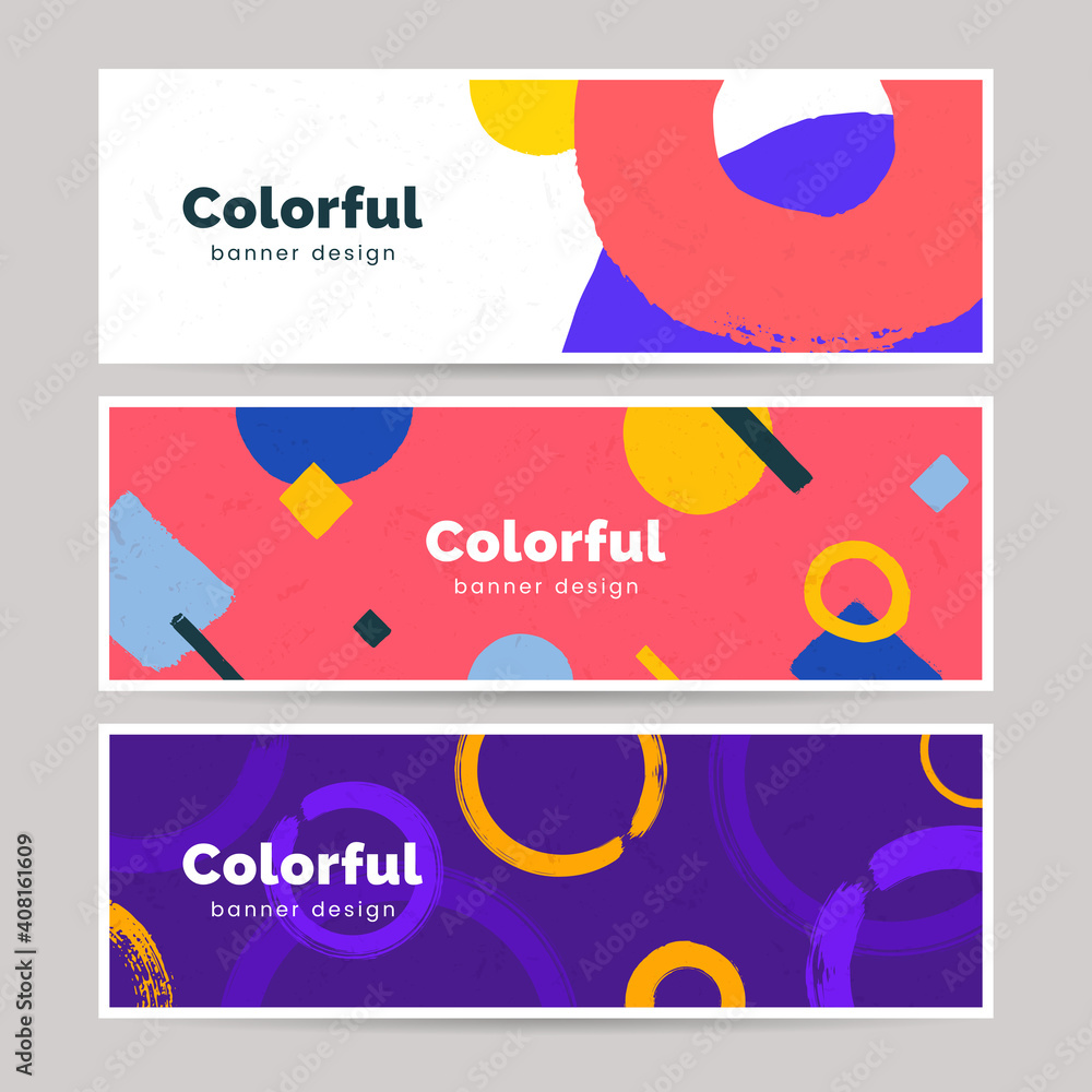 Aufkleber abstract colorful banner set in hand painted style. horizontal header with geometric shapes, brush s