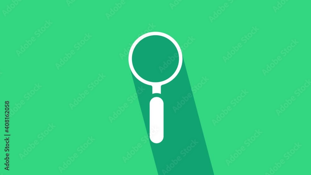 Sticker white magnifying glass icon isolated on green background. search, focus, zoom, business symbol. 4k v