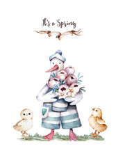 White Goose cartoon wearing a hat with basket flowers and easter egg Hand painting cute farm animals. Design set