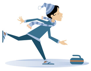 Smiling young woman plays curling isolated illustration. Young woman pushes a stone towards a target isolated on white illustration 
