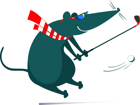 Cartoon rat or mouse plays golf illustration. Funny rat or mouse tries to do a good kick isolated on white