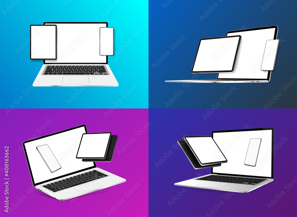 Poster mockups gadgets, devices and its compositions. 3d realistic smartphone, tablet, laptop, notebook wit