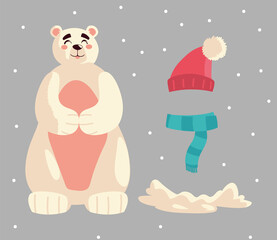 merry christmas polar bear scarf hat and snow icons set