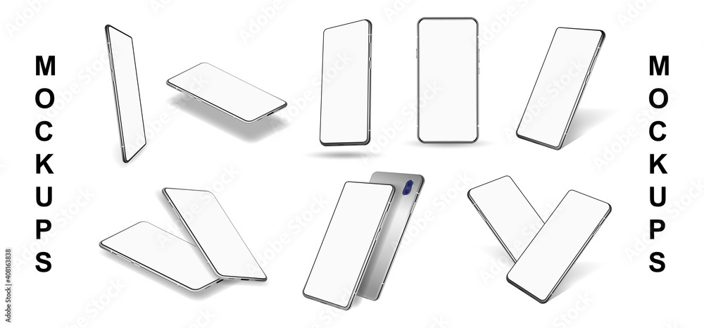 Poster mobile phone mockups in realistic style. different angles white blank screen. 3d collection gadgets 