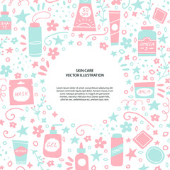 Acne treatment concept. Flyer or card template. Skincare and cosmetics elements. Water, omega-3, retinoids, serum, cleanser and sunscreen. Dermatology and self care. Vector illustration in a doodle