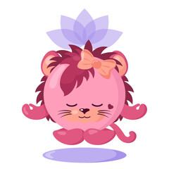 Funny cute kawaii meditating lioness with lotus flower over head and round body in flat design with shadows. Isolated meditation animal vector illustration	