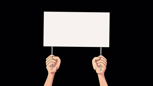 Animation of hands holding white blank paper. Marcher holds placard. Struggle for rights concept. Empty protest picket sign. Propaganda poster or advertising card. 2d animated footage ALPHA channel
