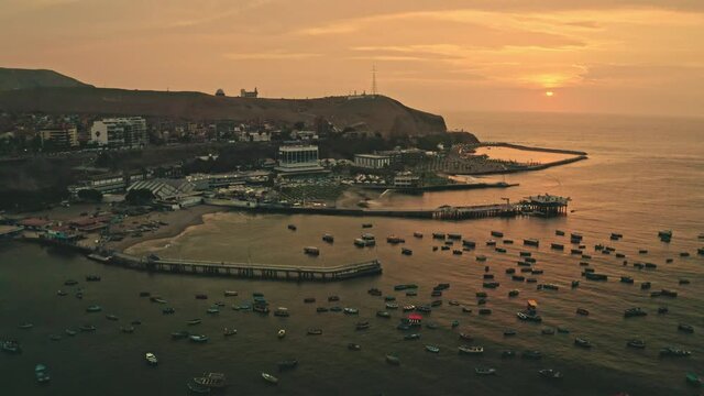 Aerial view sunset beach club in the district of Chorillos in Lima. Club Regatas.