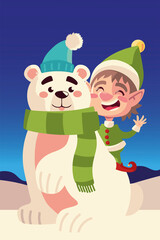 Obraz na płótnie Canvas merry christmas helper and polar bear cartoon snowy scenery