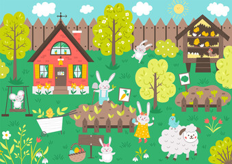 Obraz na płótnie Canvas Vector garden scene with cute animals. Spring scenery with funny bunny, cottage, sheep, mouse, chicks gardening. Cute Easter illustration with rabbit family house, fence and flowers. .