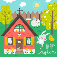 Vector square happy Easter greeting card template with bunny, chick and sheep. Garden scene with cute country house and animals. Spring gardening scenery. Holiday illustration with rabbit .