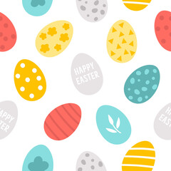 Fototapeta na wymiar Vector Easter colored eggs seamless pattern. Spring flat repeating background with decorative elements. Traditional holiday digital paper.