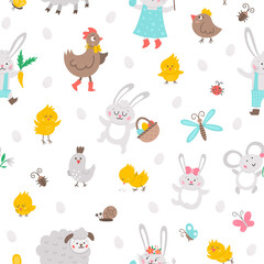 Vector Easter characters seamless pattern. Spring birds and insects repeating background. Cute animal digital paper for kids. Funny bunny family, chicks, hen, sheep, butterfly texture.