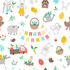 Seamless pattern with Easter design elements. Vector repeating background with cute bunny, eggs, bird, chicks, baskets. Spring funny digital paper. Adorable traditional holiday symbols texture.