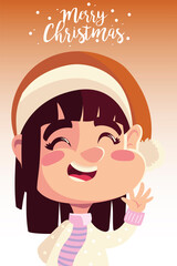 merry christmas cute girl with hat character portrait cartoon